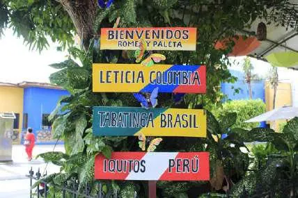 Signpost at the tri-border of Colombia, Brazil and Peru in Leticia