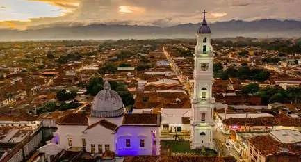 Aerial view of Cartago with its cathedral and tiled rooftops