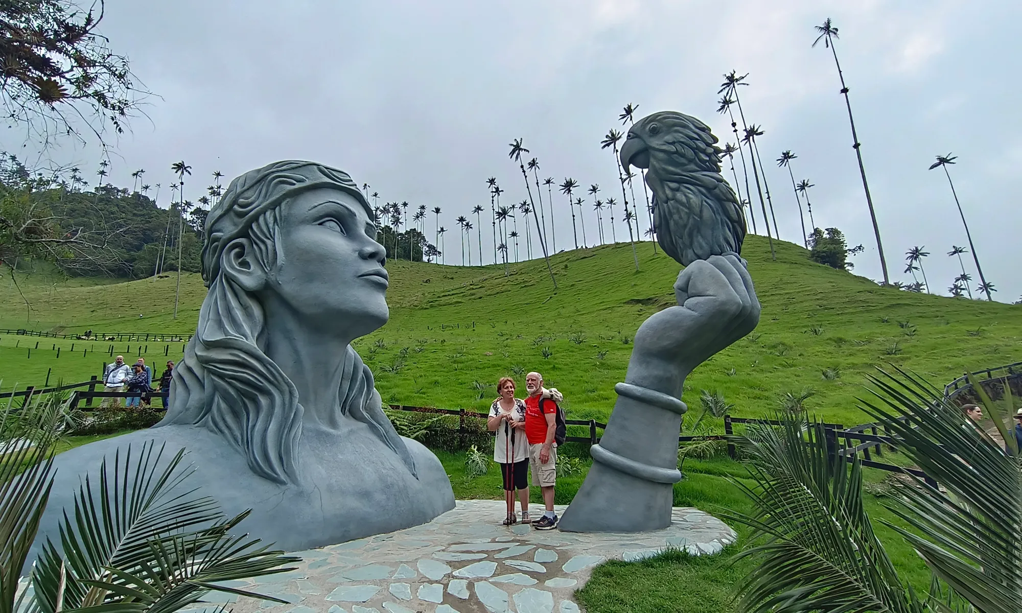 Wax palms and a sculpture in the Cocora Valley, Colombian Coffee Region