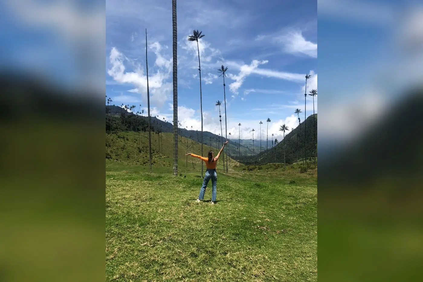 Traveler with open arms among wax palms in the Cocora Valley