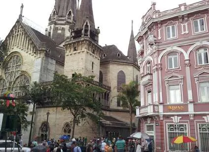 Neo-Gothic cathedral and historic buildings in downtown Manizales