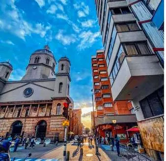 Pereira city center street with the cathedral and modern towers