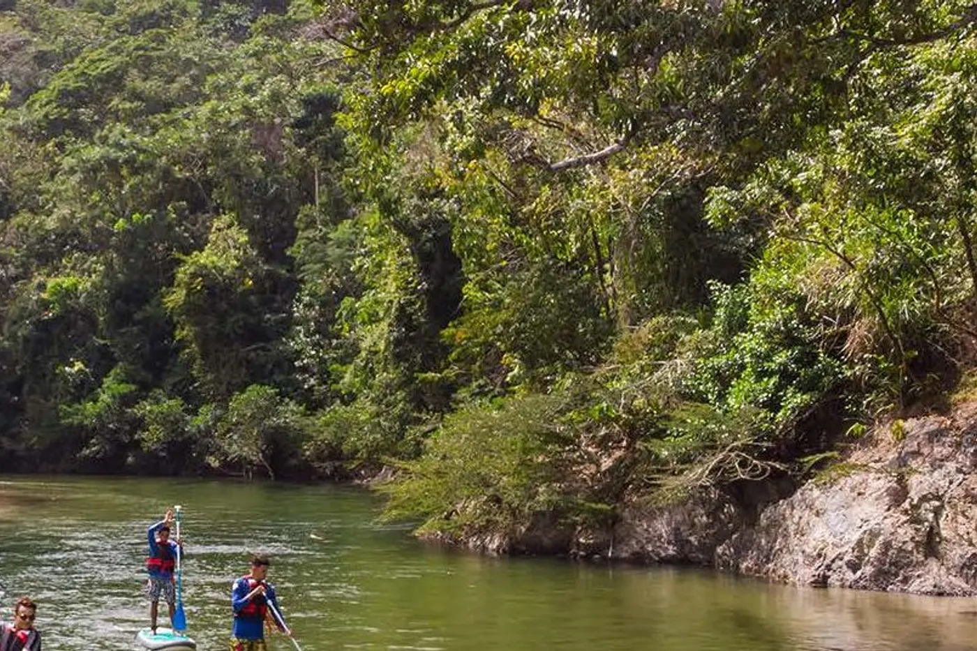 Travelers paddleboarding on the Don Diego River in the jungle