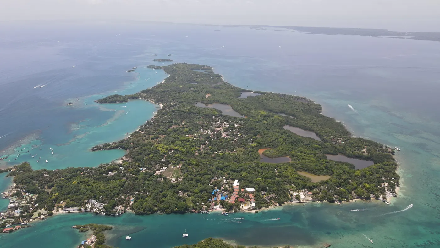 Aerial view of a Caribbean island in the Rosario Islands off Cartagena, Colombia