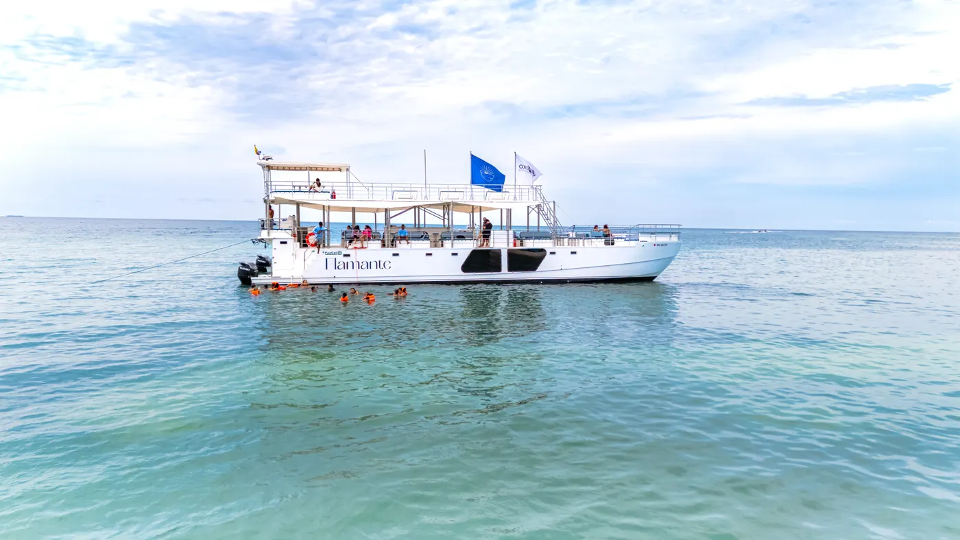 The catamaran anchored in calm turquoise water